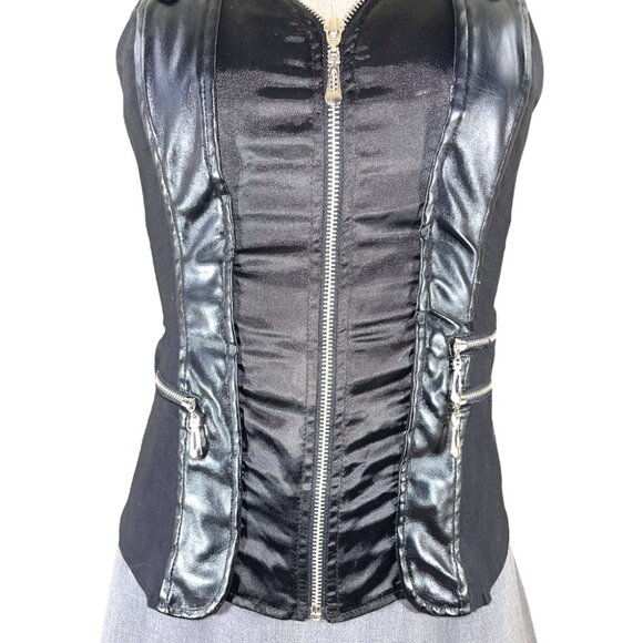 Oh Yes Suspender Back Zip Up Front Black Bustier Corset Top 3 zip pockets Size M - Picture 3 of 8